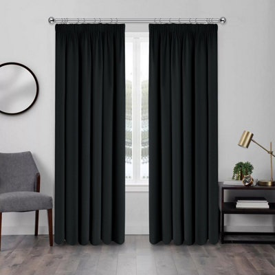 Thermal Thick Blackout Curtains Ready Made Pencil Pleat Black Curtain Pair 90x90 inches or 228x228 cm With Tiebacks Bedroom Living