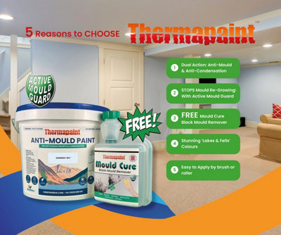 Thermapaint Anti-Mould Paint 5L - With FREE Mould Cure - Borrowdale Stone - For Bathrooms, Kitchens, Bedroom Walls & Ceilings