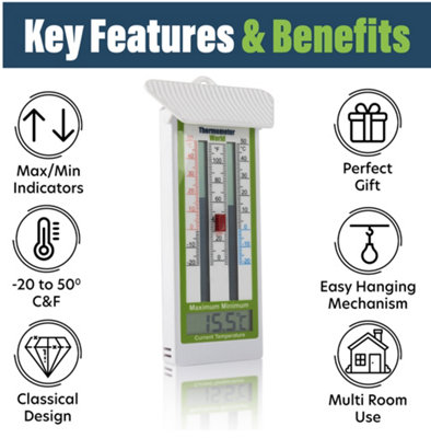 Thermometer World Classic Design Digital Max Min Thermometer With Easy to Reset Button - Ideal for a Greenhouse or Grow Room