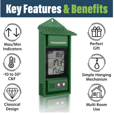 Thermometer World Digital Max Min Thermometer With Roof and Easy to Reset Button C&F - Ideal for a Greenhouse or Grow Room