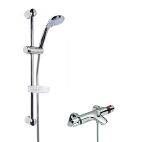 Thermostatic Bath Shower Mixer Tap & Multi Function Round Handset Slide Rail Kit Bundle - Chrome - Balterley