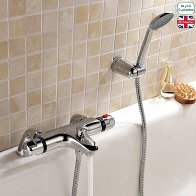 THERMOSTATIC DECK MOUNTED VALVE BATH SHOWER MIXER TAP + 3 MODE SHOWER HANDSET