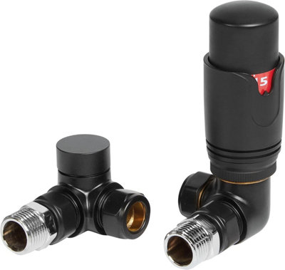Thermostatic Radiator Valve and Corner Lock shield Valve, Matt Black Modern Design 1/2" x 15mm Corner Radiator Valves