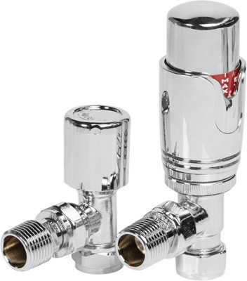 Thermostatic Radiator Valves & Angled Lock shield Valve Chrome, Modern Design 1/2" x 15mm Angled Radiator Valves Chrome