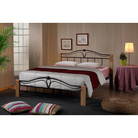 Thiago 4FT6 Double Wooden Beech and Black Metal Bed Frame