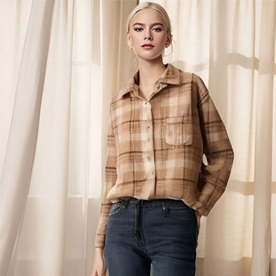 Thickened Plaid Shirt For Women s Style Jacket Khaki L DIY at B Q