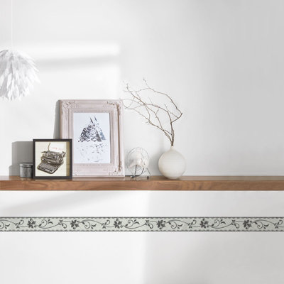 Thin Grey and Black Wallpaper Border with Floral Pattern, Grey Wallpaper Border with Leaves and Vines