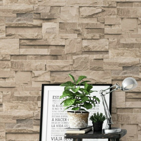 Thorn Slate Natural Beige Stone Brick Wall Effect Textured Vinyl Wallpaper