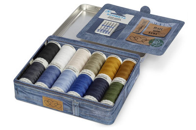 Thread Storage Tin: Denim Thread with Needles and Labels: 12 x 100m ...