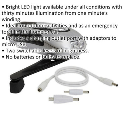 Three LED Rechargeable Wind-Up Torch - Two Brightness Levels - Micro USB