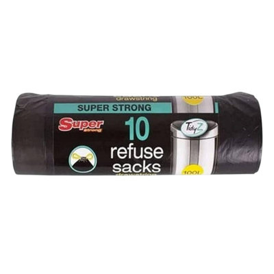 Tidyz 100L Super Strong Drawstring Refuse Sacks 10 Black Bin Liners ...