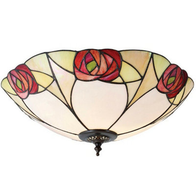 Tiffany Glass Flush Ceiling Light - Mackintosh Style Rose - Dark Bronze Finish