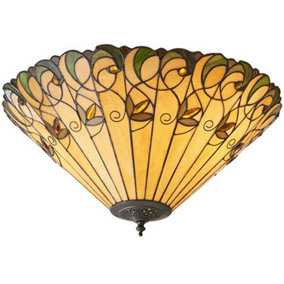 Tiffany Glass Semi Flush Ceiling Light Amber Floral Inverted Round Shade i00051