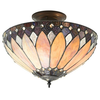 Tiffany Glass Semi Flush Ceiling Light Cream Bronze Round Inverted Shade i00158