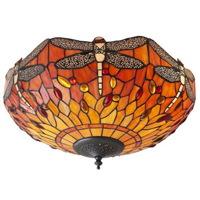 Tiffany Glass Semi Flush Ceiling Light Flame Dragonfly Inverted