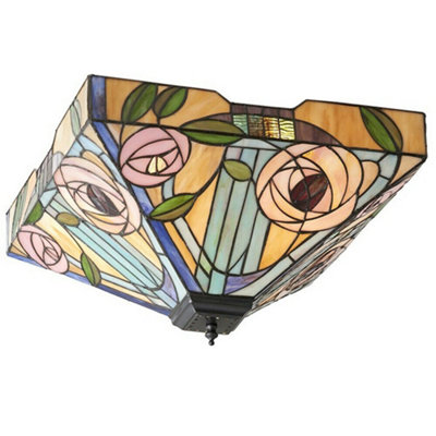 Tiffany Glass Semi Flush Ceiling Light Pink Rose Inverted Square Shade i00062
