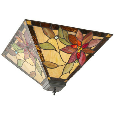 Tiffany Glass Semi Flush Ceiling Light Red Flower Inverted Square Shade i00053