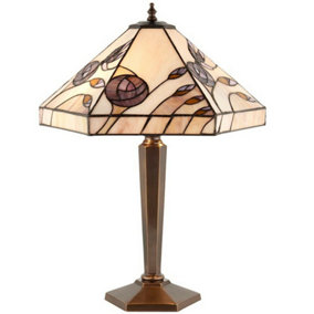 Tiffany Glass Table Lamp Light Antique Patina Bronze & Rose Hex Shade i00183