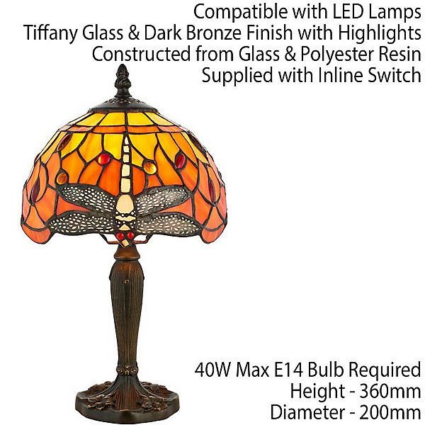 Tiffany Glass Table Lamp Light Dark Bronze Base & Orange Tiffany Glass Table Lamp Light Dark Bronze Base & Orange