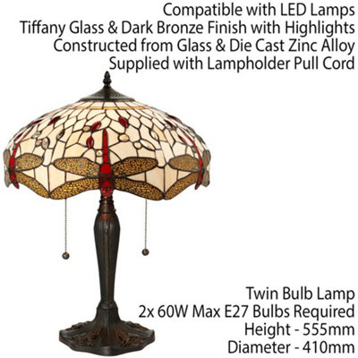 Tiffany Glass Table Lamp Light Dark Bronze & Cream Red Dragonfly Shade i00188