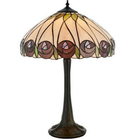 Tiffany Glass Table Lamp Light Dark Bronze & Mackintosh Red Rose Shade i00205