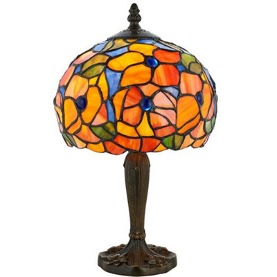 Tiffany Glass Table Lamp Light Dark Bronze & Multi Colour Floral Shade ...