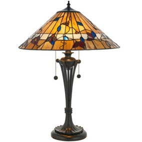 Tiffany Glass Table Lamp Light Dark Bronze & Rich Colours Floral Shade i00175