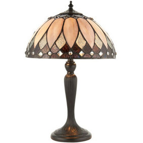 Tiffany Glass Table Lamp Light Dark Bronze & Rich Cream Art Deco Shade i00179