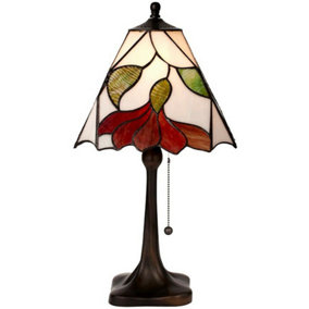 Tiffany Glass Table Lamp Light Dark Bronze & White / Red Floral Shade i00176