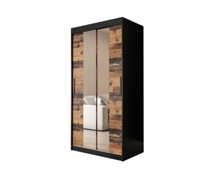 Tilburg 1 Contemporary 2 Mirrored Sliding Door Wardrobe 5 Shelves 2 Rails Dark Oak Effect & Black (H)2000mm (W)1000mm (D)620mm