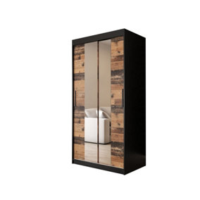 Tilburg 1 Contemporary 2 Mirrored Sliding Door Wardrobe 5 Shelves 2 Rails Dark Oak Effect & Black (H)2000mm (W)1000mm (D)620mm