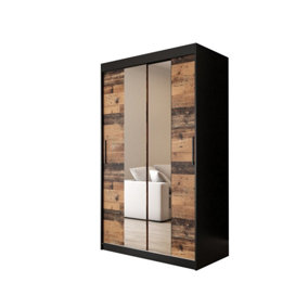 Tilburg 1 Contemporary 2 Mirrored Sliding Door Wardrobe 5 Shelves 2 Rails Dark Oak Effect & Black (H)2000mm (W)1200mm (D)620mm