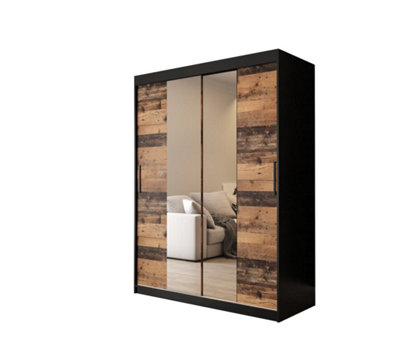 Tilburg 1 Contemporary 2 Mirrored Sliding Door Wardrobe 5 Shelves 2 Rails Dark Oak Effect & Black (H)2000mm (W)1500mm (D)620mm