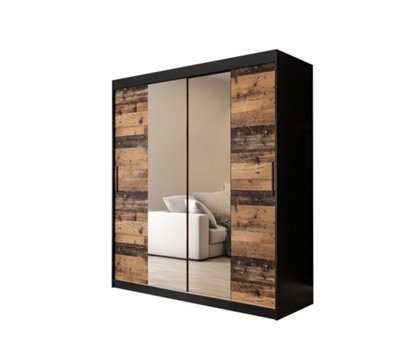 Tilburg 1 Contemporary 2 Mirrored Sliding Door Wardrobe 9 Shelves 2 Rails Dark Oak Effect & Black (H)2000mm (W)1800mm (D)620mm