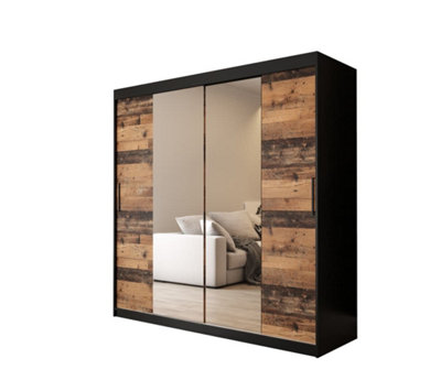 Tilburg 1 Contemporary 2 Mirrored Sliding Door Wardrobe 9 Shelves 2 Rails Dark Oak Effect & Black (H)2000mm (W)2000mm (D)620mm