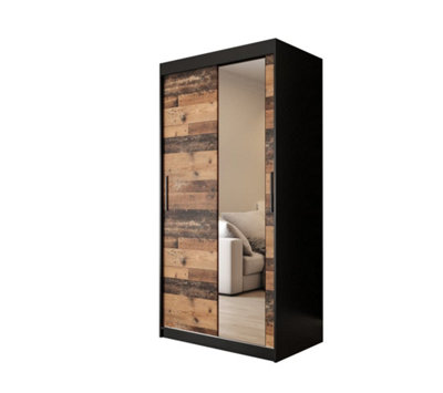 Tilburg 2 Contemporary 2 Mirrored Sliding Door Wardrobe 5 Shelves 2 Rails Dark Oak Effect & Black (H)2000mm (W)1000mm (D)620mm