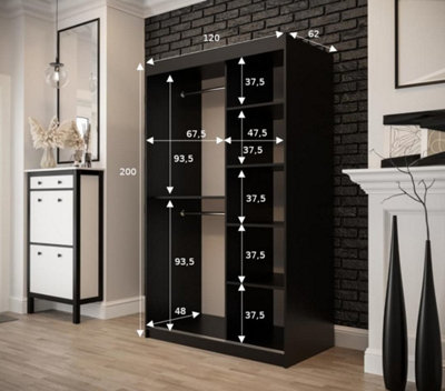 Tilburg 2 Contemporary 2 Mirrored Sliding Door Wardrobe 5 Shelves 2 Rails Dark Oak Effect & Black (H)2000mm (W)1200mm (D)620mm