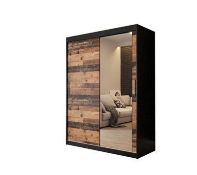 Tilburg 2 Contemporary 2 Mirrored Sliding Door Wardrobe 5 Shelves 2 Rails Dark Oak Effect & Black (H)2000mm (W)1500mm (D)620mm