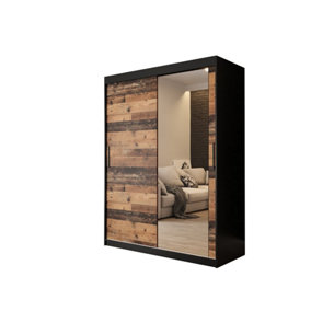Tilburg 2 Contemporary 2 Mirrored Sliding Door Wardrobe 5 Shelves 2 Rails Dark Oak Effect & Black (H)2000mm (W)1500mm (D)620mm