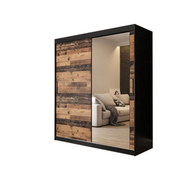 Tilburg 2 Contemporary 2 Mirrored Sliding Door Wardrobe 9 Shelves 2 Rails Dark Oak Effect & Black (H)2000mm (W)1800mm (D)620mm