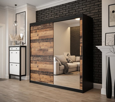 Tilburg 2 Contemporary 2 Mirrored Sliding Door Wardrobe 9 Shelves 2 Rails Dark Oak Effect & Black (H)2000mm (W)2000mm (D)620mm