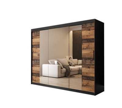 Tilburg 2 Contemporary 3 Mirrored Sliding Door Wardrobe 9 Shelves 2 Rails Dark Oak Effect & Black (H)2000mm (W)2500mm (D)620mm