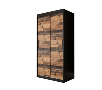 Tilburg Contemporary 2 Sliding Door Wardrobe 5 Shelves 2 Rails Dark Oak Effect and Black (H)2000mm (W)1000mm (D)620mm