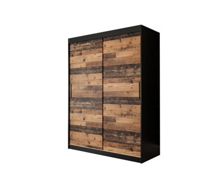 Tilburg Contemporary 2 Sliding Door Wardrobe 5 Shelves 2 Rails Dark Oak Effect and Black (H)2000mm (W)1500mm (D)620mm