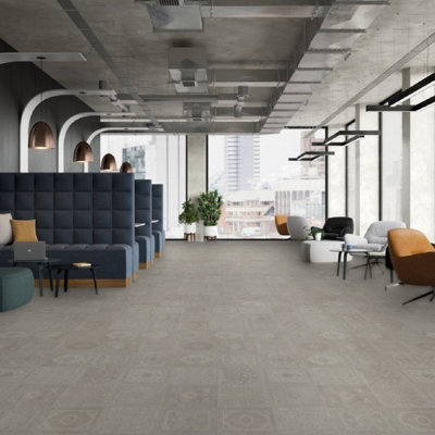 Tile Effect Grey Vinyl Flooring, Non-Slip Contract Commercial Vinyl Flooring with 3.5mm Thickness-3m(9'9") X 3m(9'9")-9m²