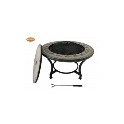 Tile Mosaic fire bowl table inc BBQ grill and matching closing lid, in contemporary grey