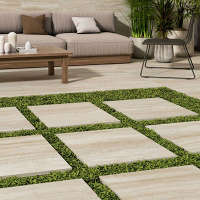 Tiles360 Arrow Cream Outdoor Tile Paving Slabs Porcelain, Pack of 30 (10.8m2), (L)600mm (W)600mm