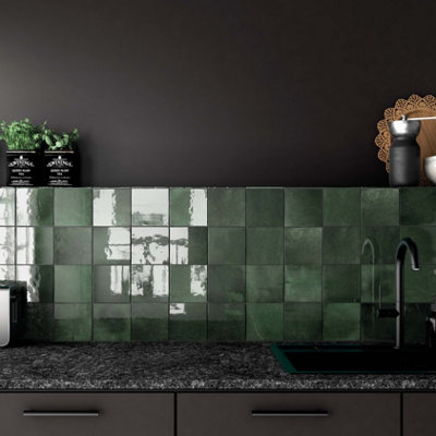 Tiles360 Craft Moss Green Square Ceramic Wall Tiles Gloss Pack of 57 (1m2), (L)132mm (W)132mm