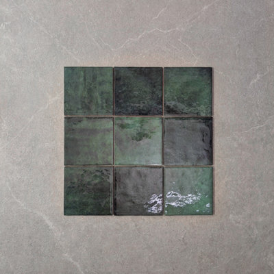 Tiles360 Craft Moss Green Square Ceramic Wall Tiles Gloss Pack of 57 (1m2), (L)132mm (W)132mm