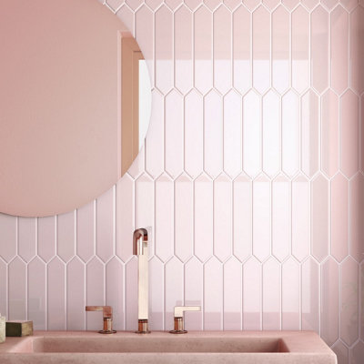 Tiles360 Delilah Pink Pointed Arrow Tile Ceramic Wall Tiles Gloss Pack of 44 (0.5m2), (L)250mm (W)50mm
